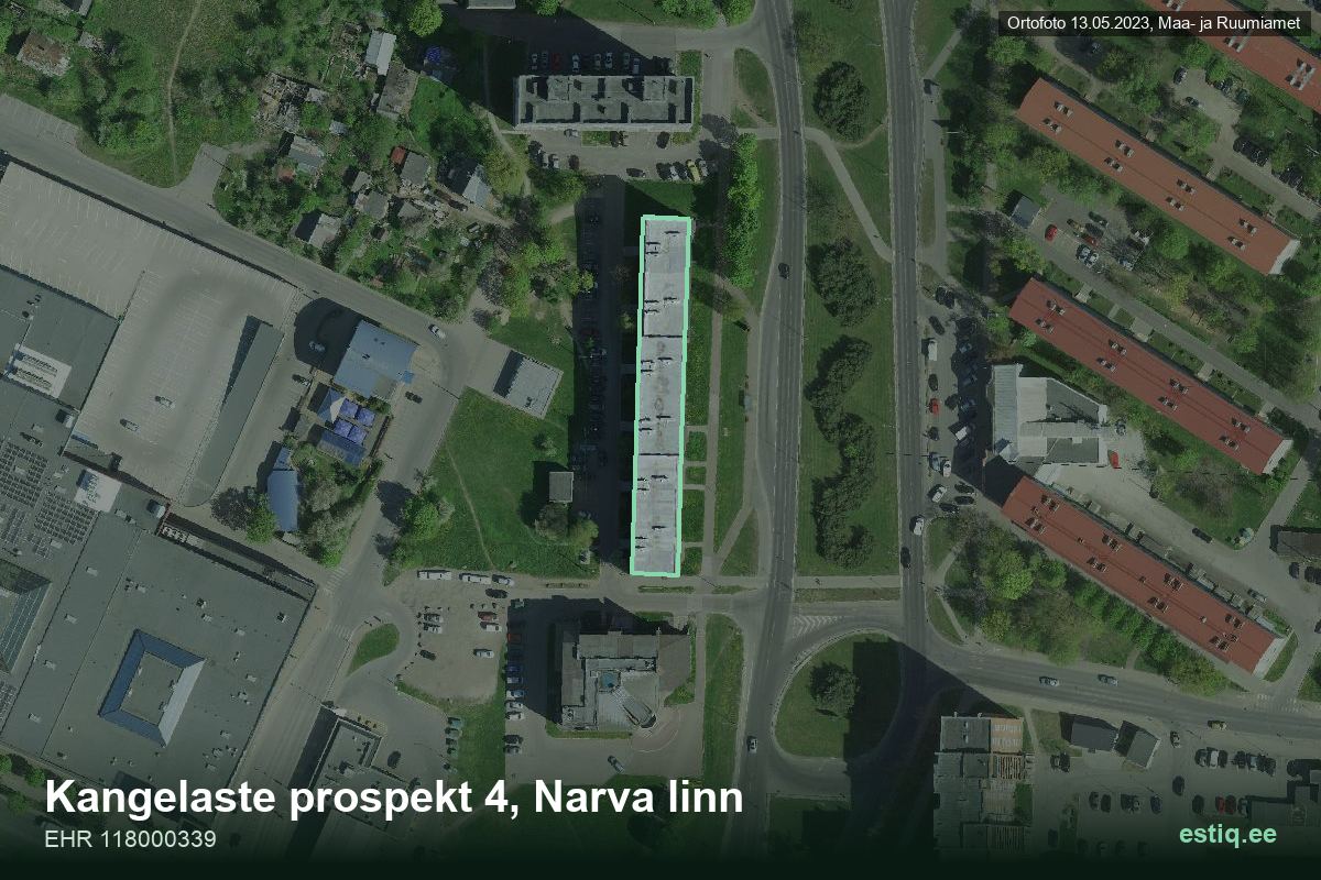Kangelaste pr 4, Narva – аэрофото дома, контур по данным регистра строений (EHR)