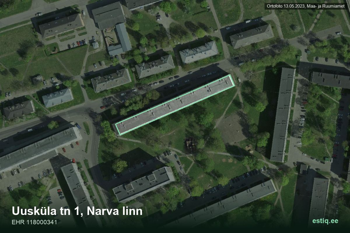 Uusküla tänav 1, Narva – аэрофото дома, контур по данным регистра строений (EHR)