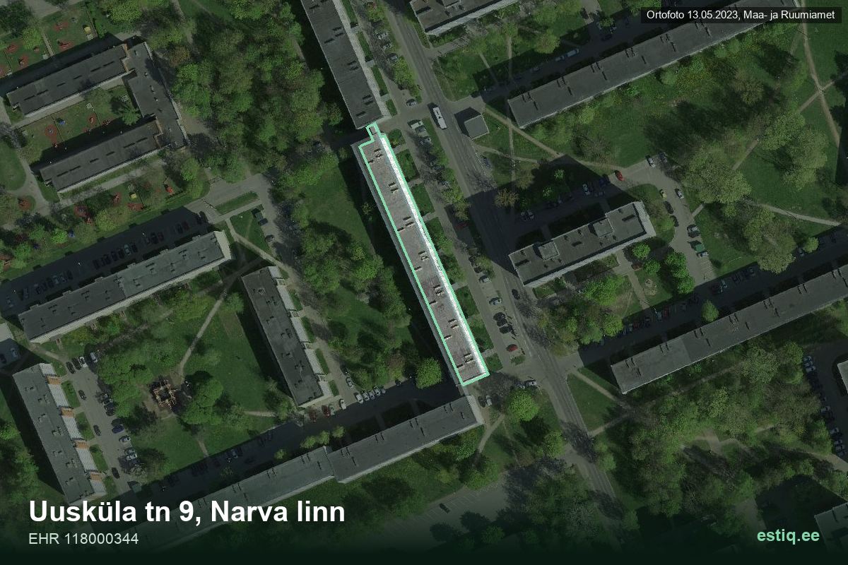 Uusküla tänav 9, Narva – hoone aerofoto, kontuur ehitisregistri (EHR) andmetest