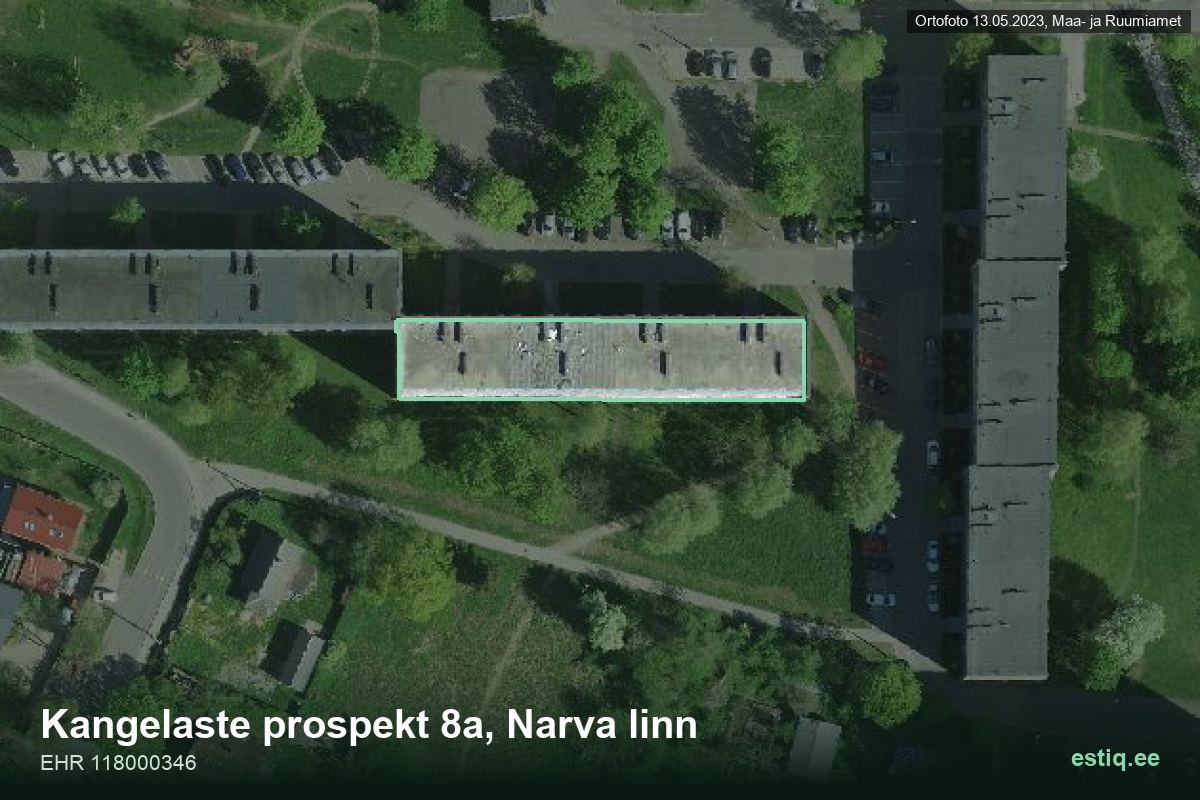 Kangelaste pr 8a, Narva – аэрофото дома, контур по данным регистра строений (EHR)