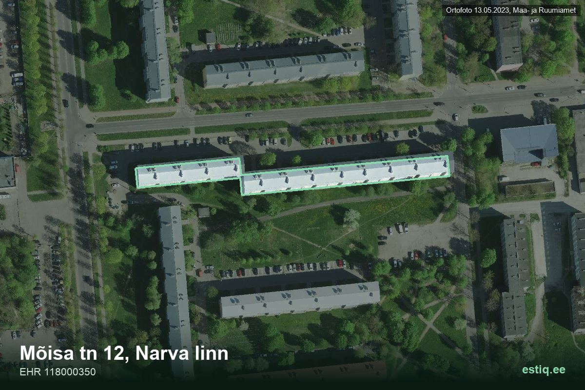 Mõisa tänav 12, Narva – hoone aerofoto, kontuur ehitisregistri (EHR) andmetest