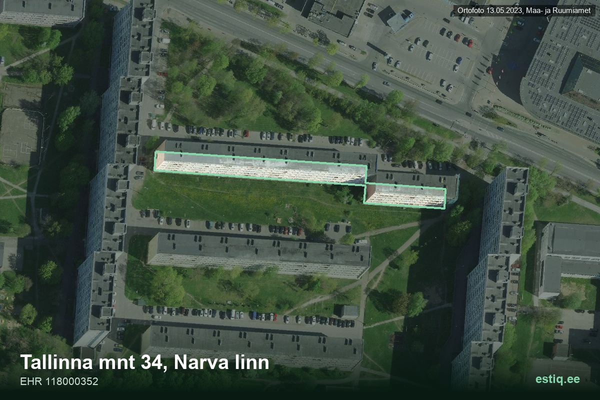 Tallinna mnt 34, Narva – ilmakuva rakennuksesta, ääriviiva rakennusrekisteristä (EHR)