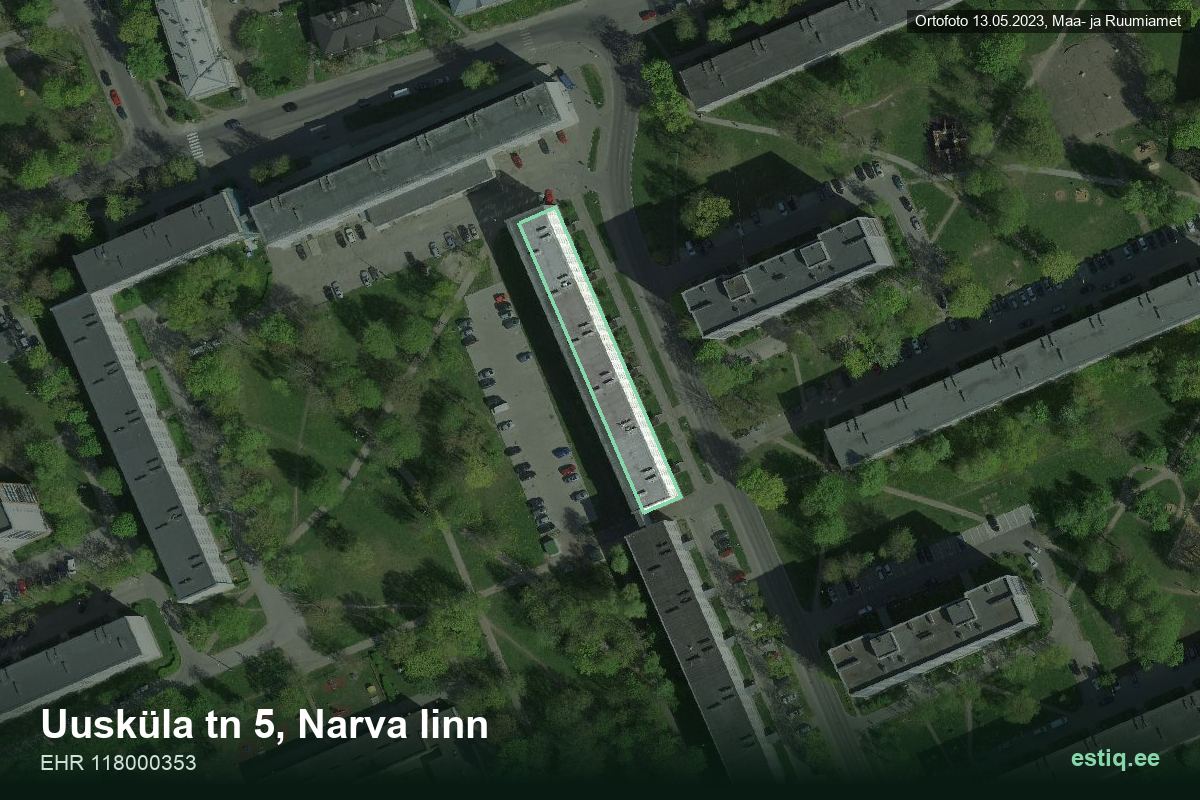 Uusküla tänav 5, Narva – hoone aerofoto, kontuur ehitisregistri (EHR) andmetest