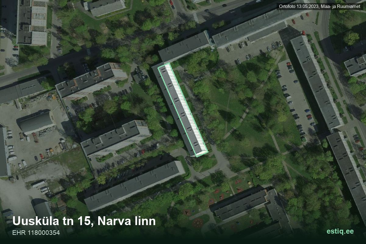 Uusküla tänav 15, Narva – hoone aerofoto, kontuur ehitisregistri (EHR) andmetest