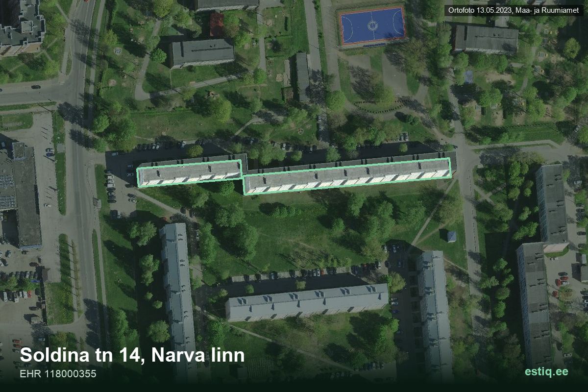 Soldina tänav 14, Narva – hoone aerofoto, kontuur ehitisregistri (EHR) andmetest