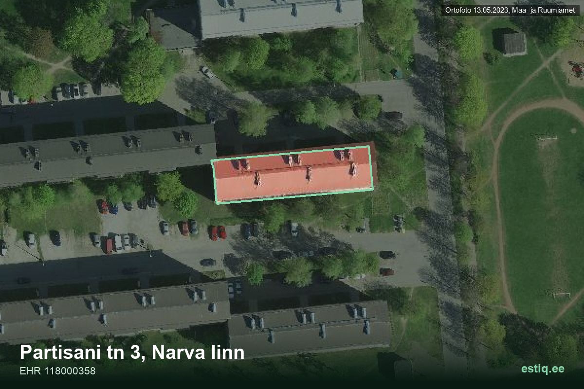 Partisani tänav 3, Narva – hoone aerofoto, kontuur ehitisregistri (EHR) andmetest