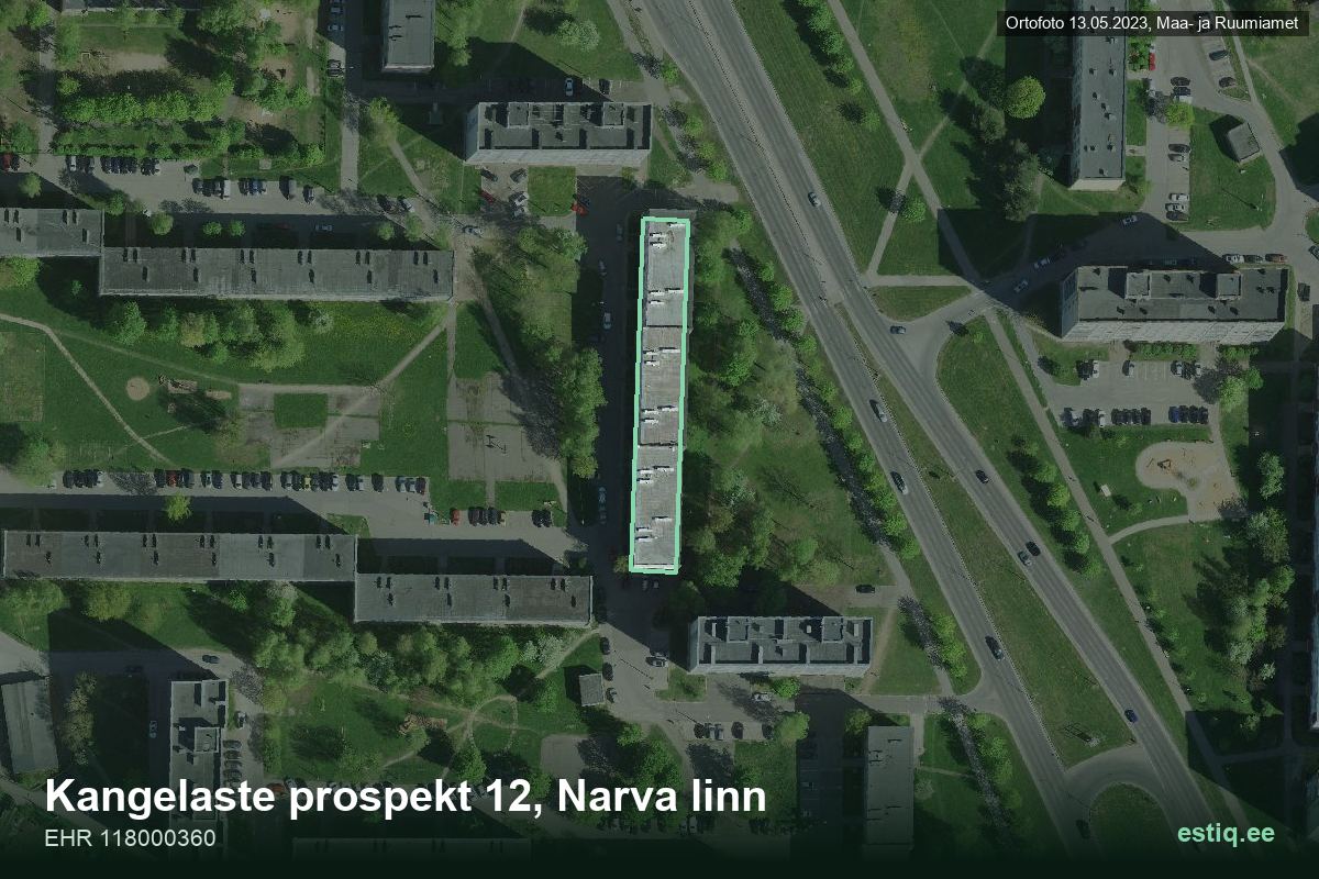 Kangelaste pr 12, Narva – аэрофото дома, контур по данным регистра строений (EHR)
