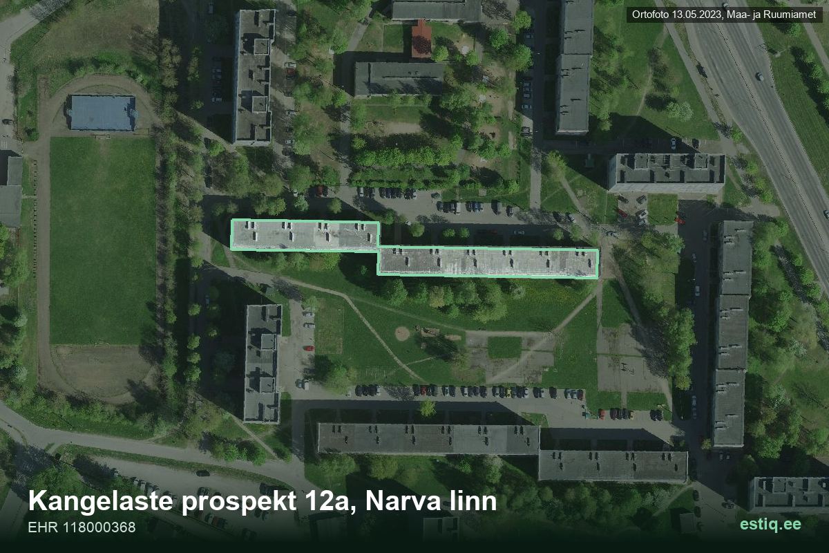 Kangelaste pr 12a, Narva – аэрофото дома, контур по данным регистра строений (EHR)