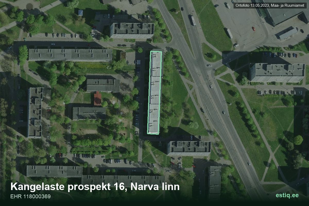 Kangelaste prospekt 16, Narva – аэрофото дома, контур по данным регистра строений (EHR)