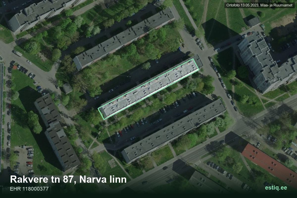 Rakvere tänav 87, Narva – аэрофото дома, контур по данным регистра строений (EHR)