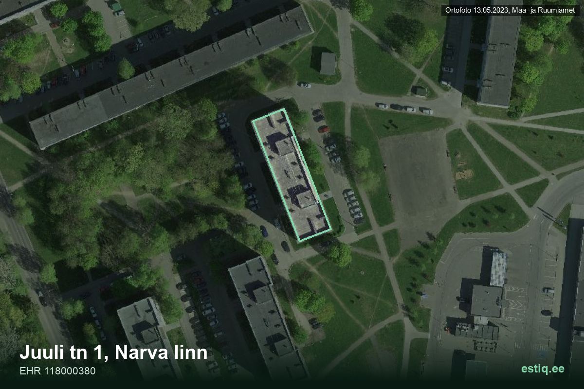 Juuli tänav 1, Narva – hoone aerofoto, kontuur ehitisregistri (EHR) andmetest