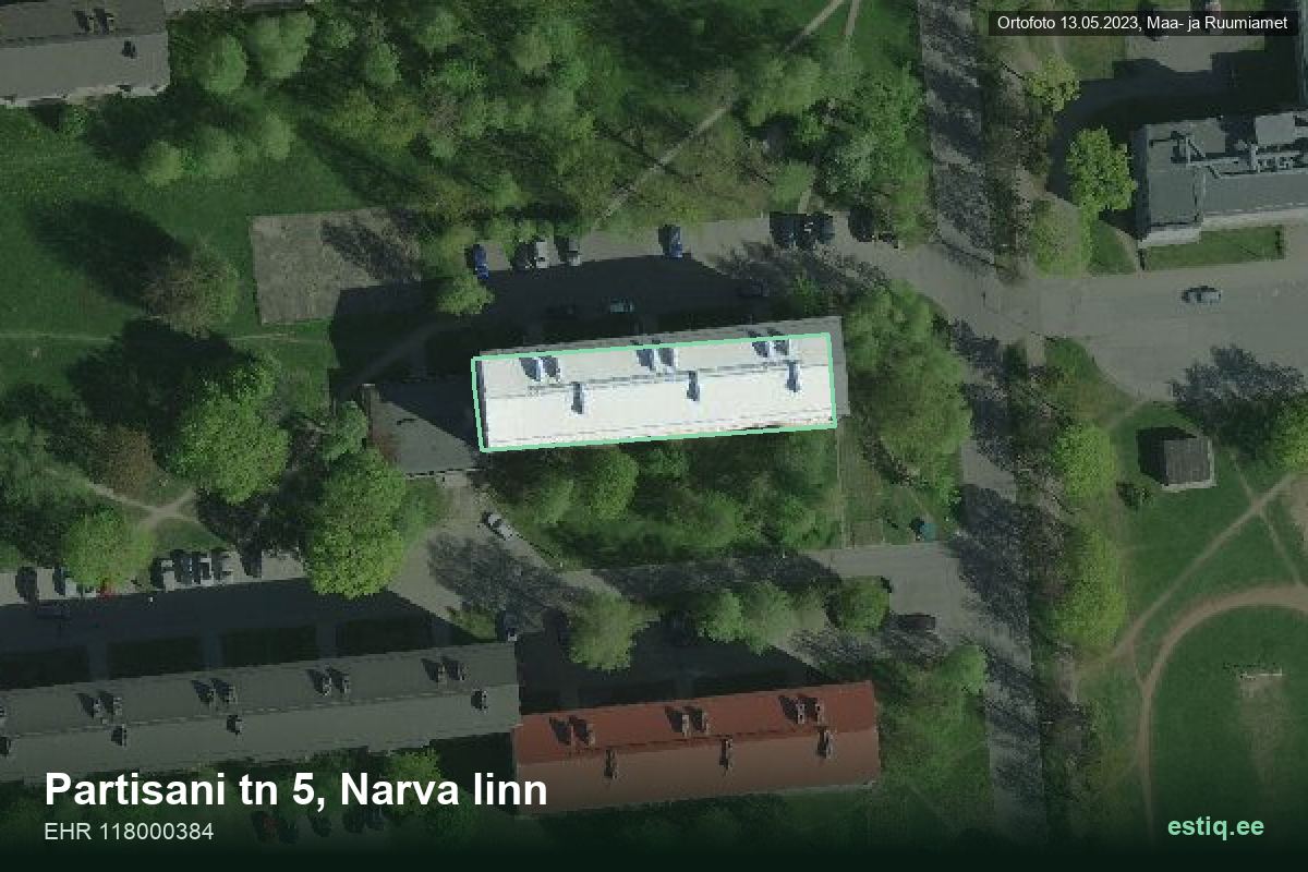 Partisani tänav 5, Narva – hoone aerofoto, kontuur ehitisregistri (EHR) andmetest