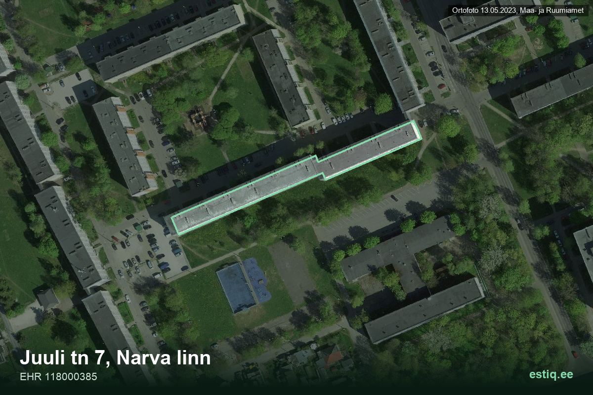 Juuli tänav 7, Narva – hoone aerofoto, kontuur ehitisregistri (EHR) andmetest
