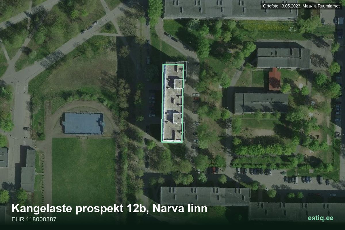Kangelaste prospekt 12b, Narva – аэрофото дома, контур по данным регистра строений (EHR)