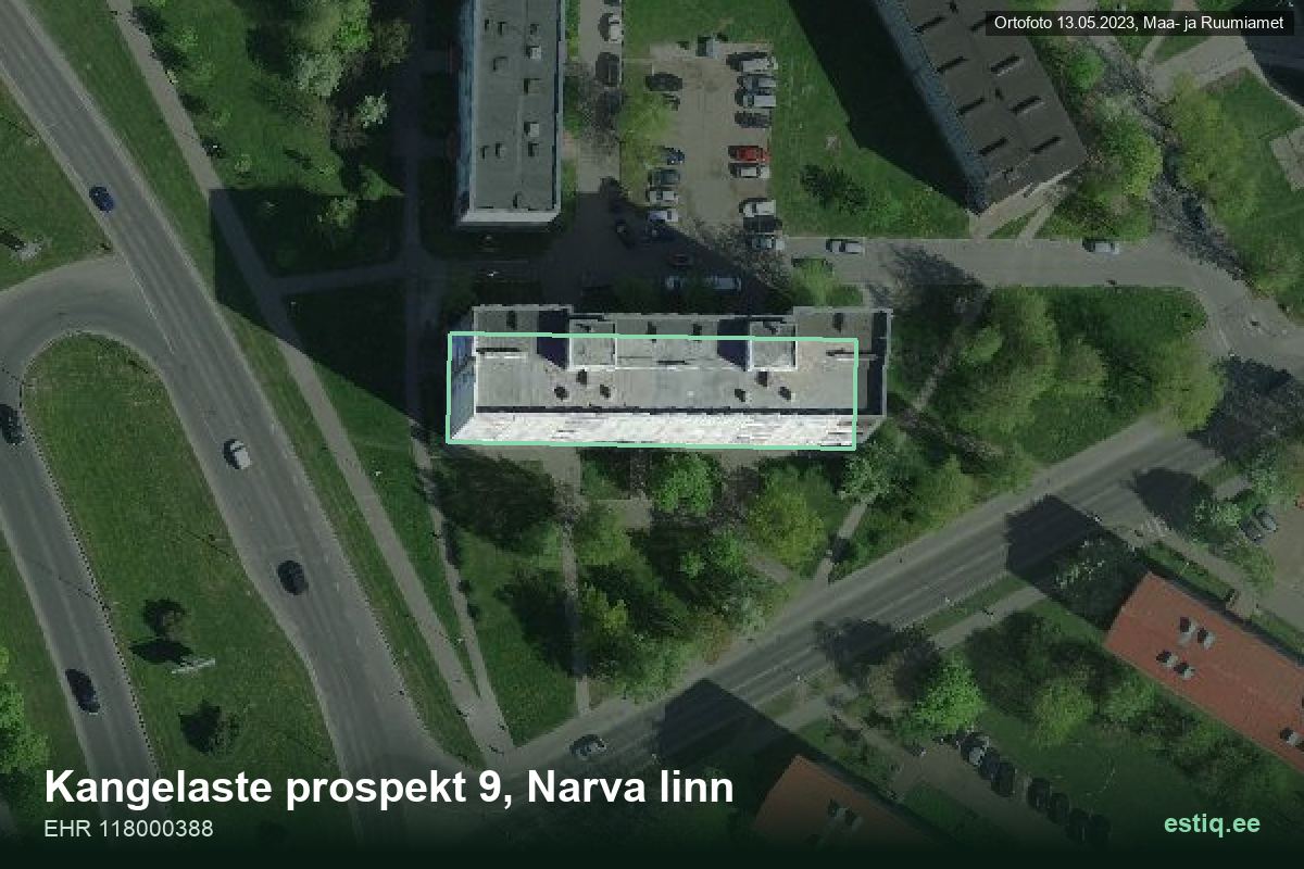 Kangelaste pr 9, Narva – аэрофото дома, контур по данным регистра строений (EHR)