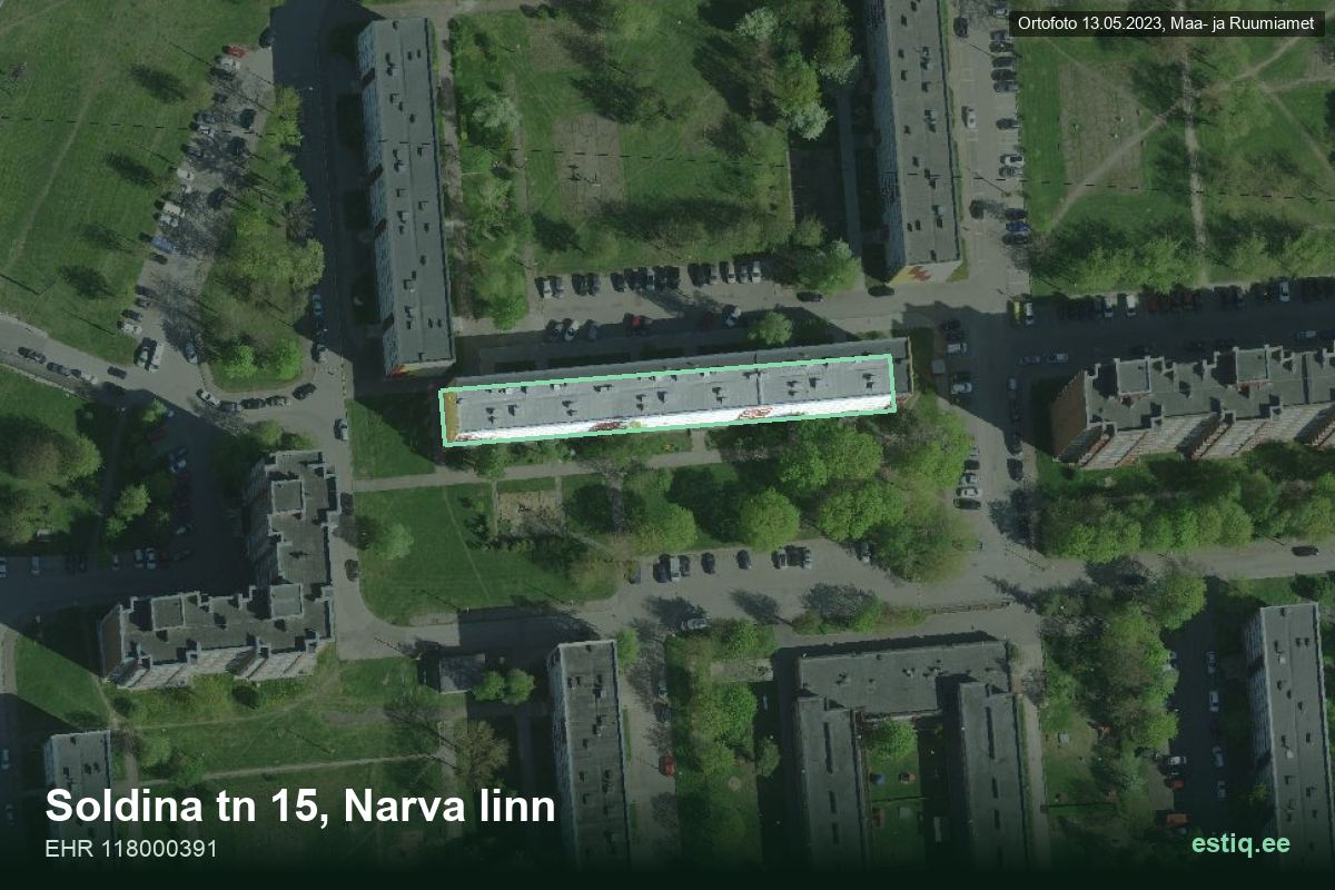 Soldina tänav 15, Narva – hoone aerofoto, kontuur ehitisregistri (EHR) andmetest