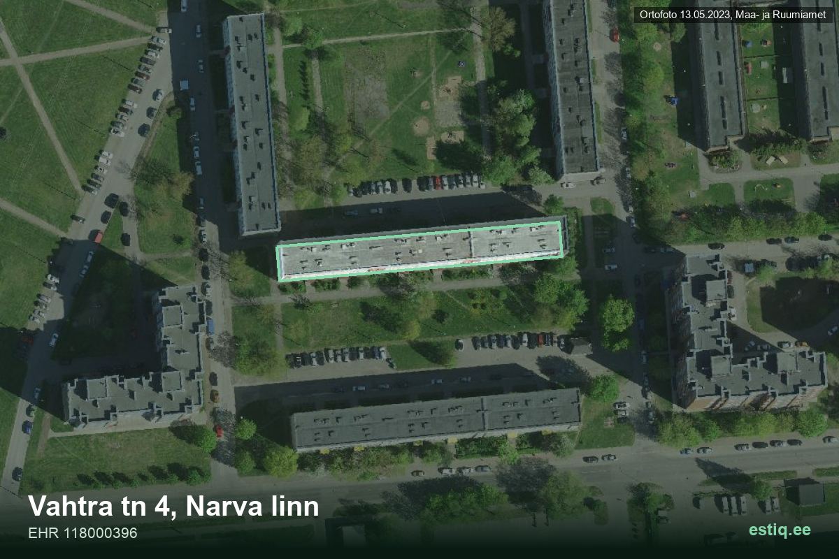 Vahtra tänav 4, Narva – аэрофото дома, контур по данным регистра строений (EHR)