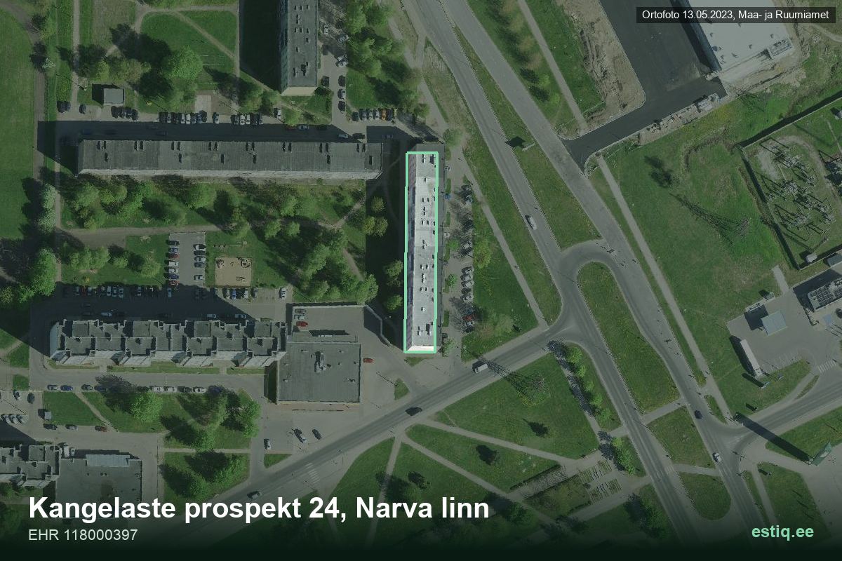 Kangelaste pr 24, Narva – аэрофото дома, контур по данным регистра строений (EHR)
