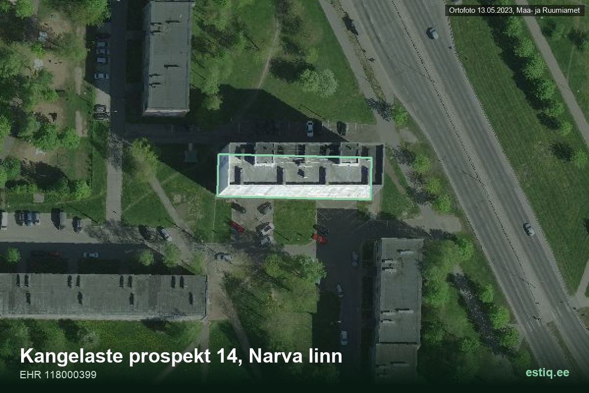 Kangelaste prospekt 14, Narva – аэрофото дома, контур по данным регистра строений (EHR)