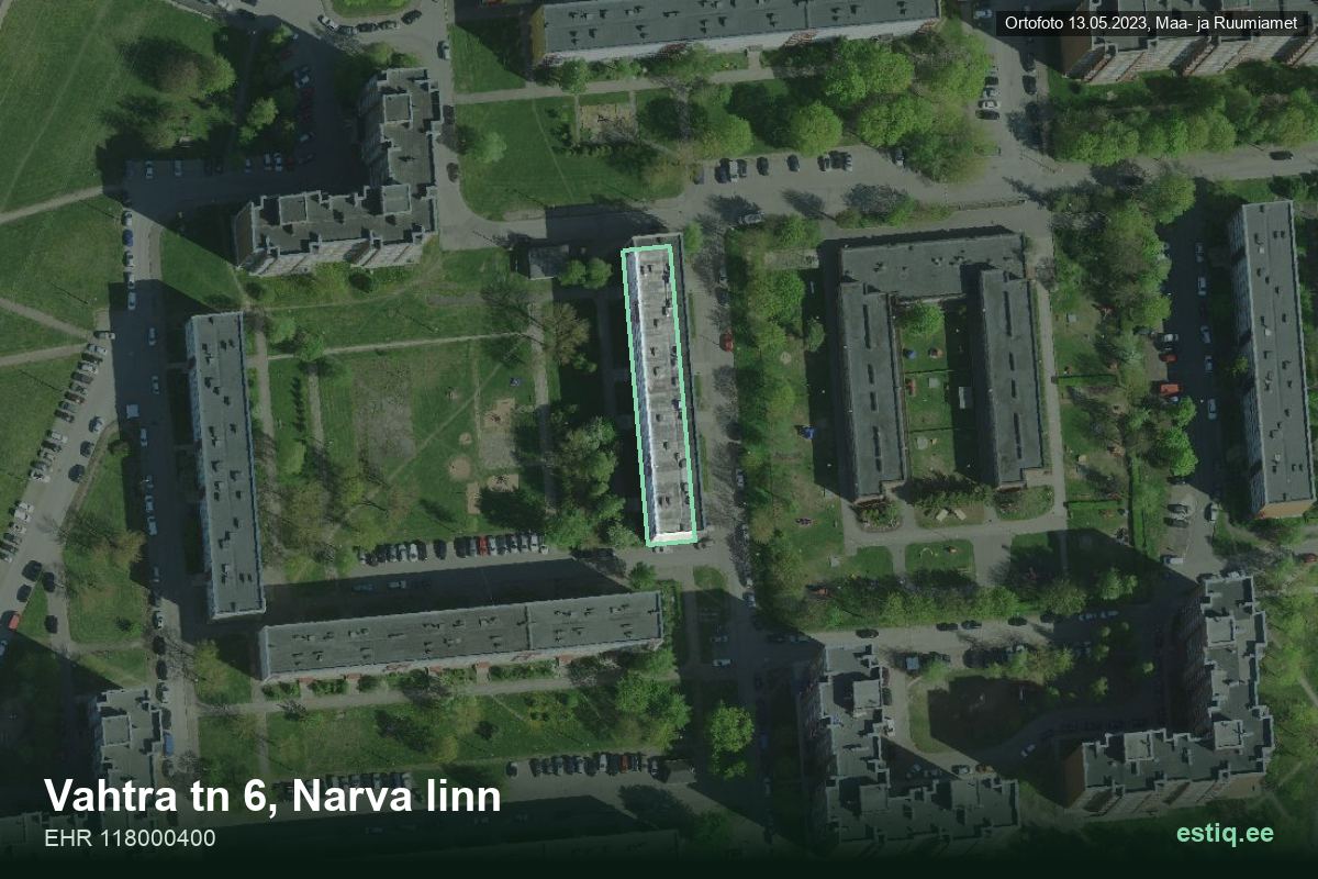 Vahtra tänav 6, Narva – аэрофото дома, контур по данным регистра строений (EHR)