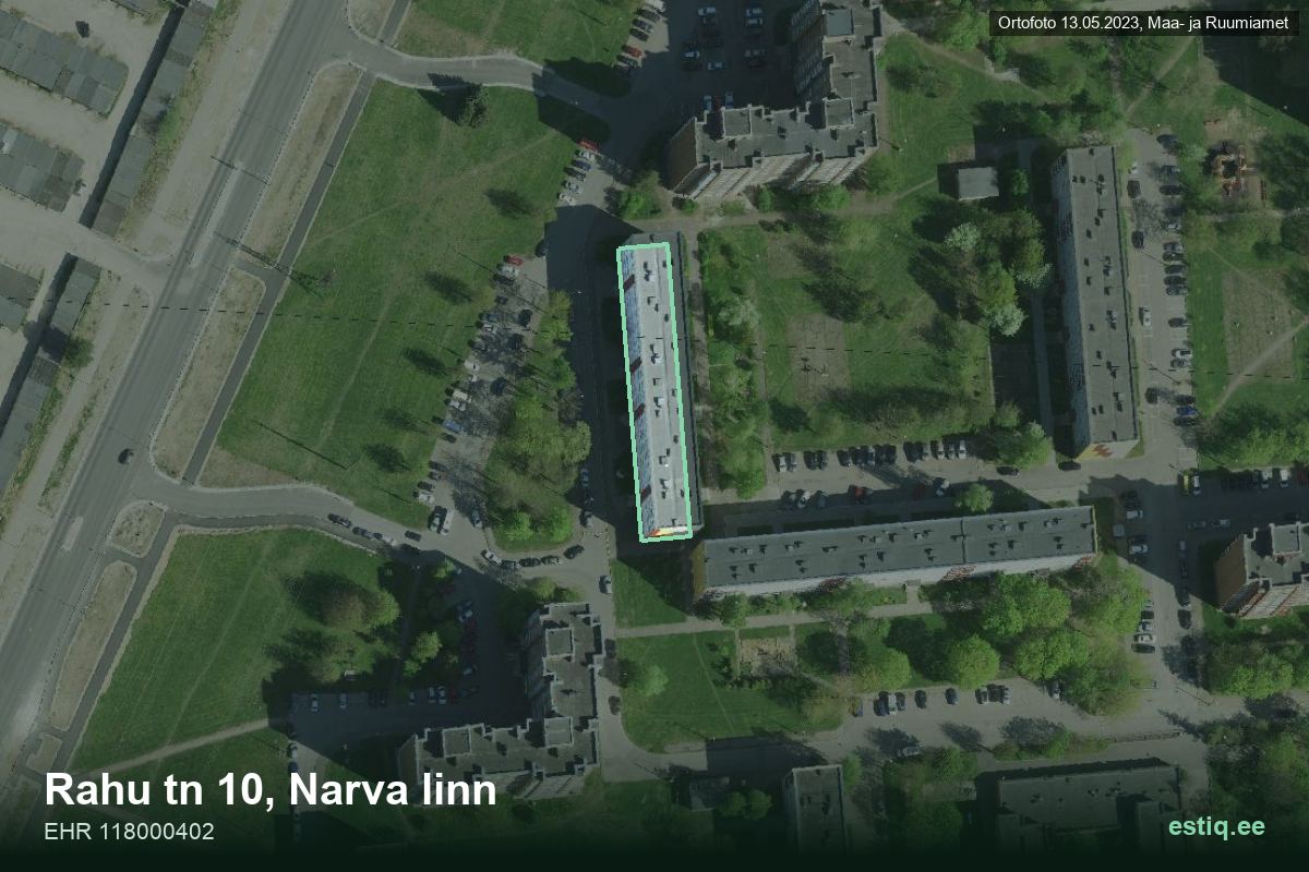 Rahu tänav 10, Narva – аэрофото дома, контур по данным регистра строений (EHR)