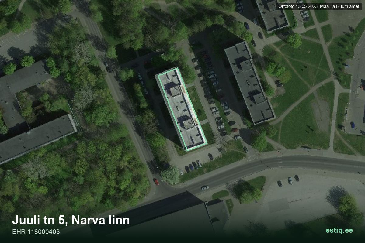 Juuli tänav 5, Narva – hoone aerofoto, kontuur ehitisregistri (EHR) andmetest