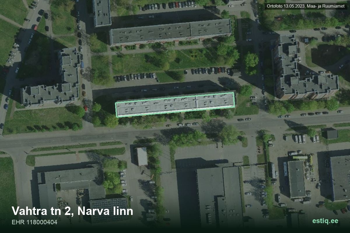 Vahtra tänav 2, Narva – аэрофото дома, контур по данным регистра строений (EHR)