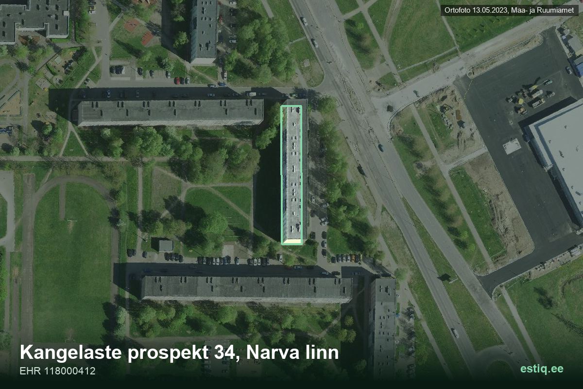 Kangelaste prospekt 34, Narva – hoone aerofoto, kontuur ehitisregistri (EHR) andmetest