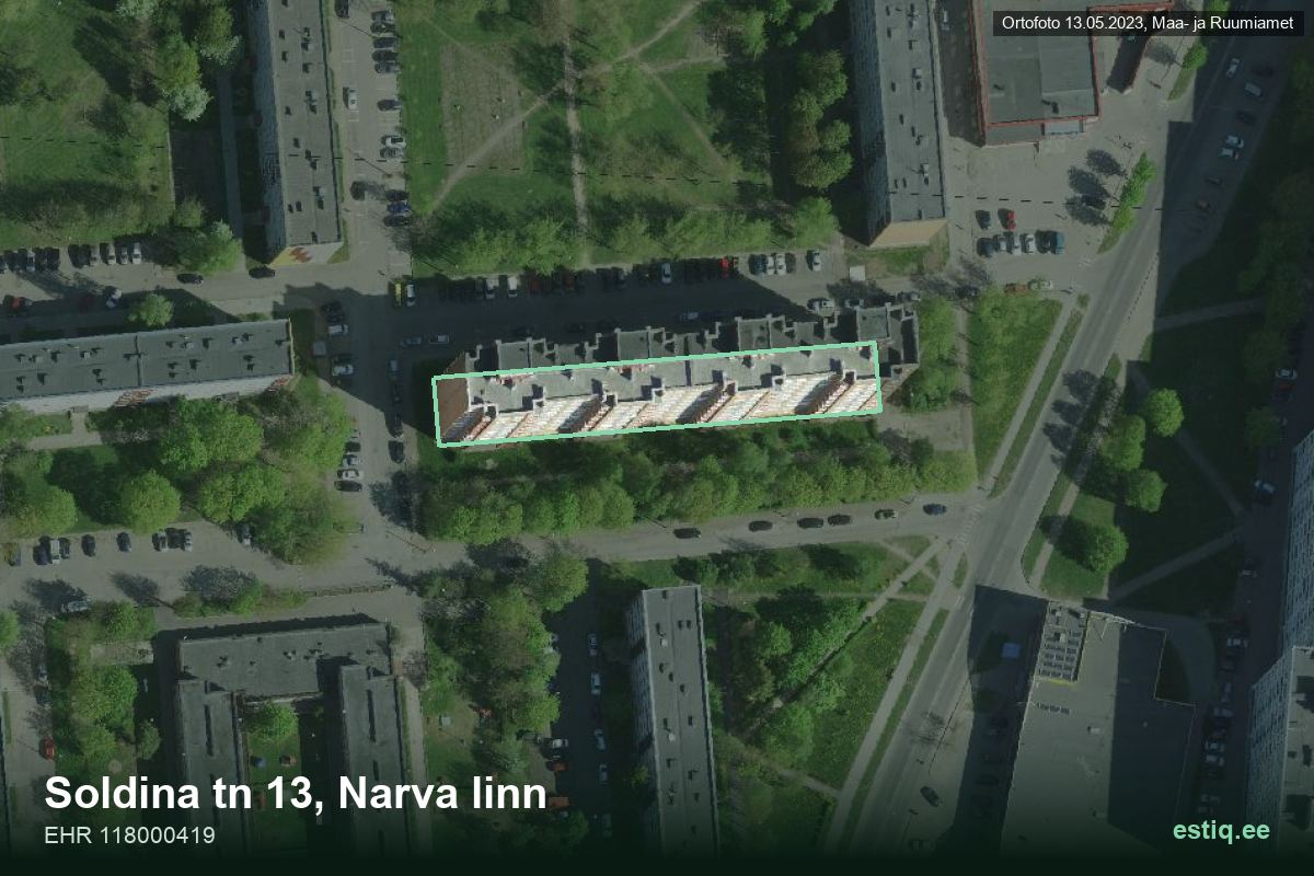 Soldina tänav 13, Narva – аэрофото дома, контур по данным регистра строений (EHR)