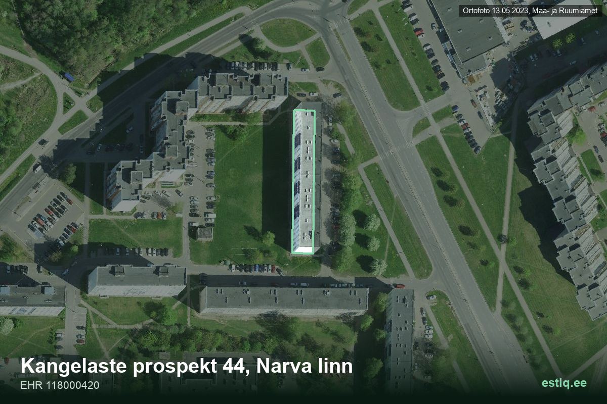 Kangelaste pr 44, Narva – аэрофото дома, контур по данным регистра строений (EHR)