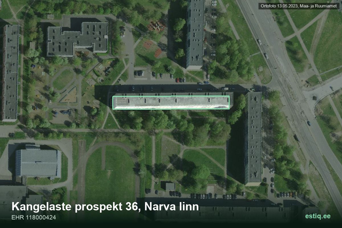 Kangelaste pr 36, Narva – аэрофото дома, контур по данным регистра строений (EHR)