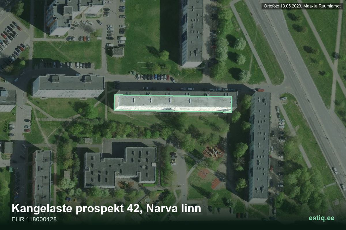 Kangelaste pr 42, Narva – аэрофото дома, контур по данным регистра строений (EHR)