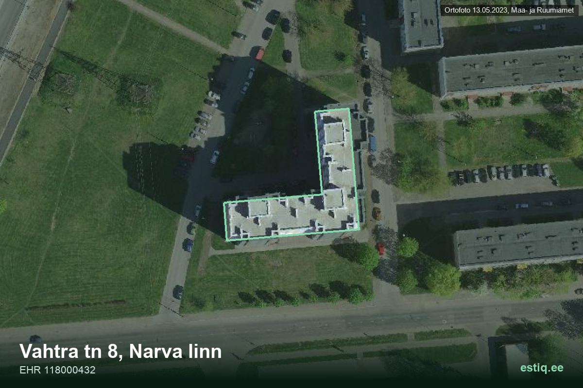 Vahtra tänav 8, Narva – hoone aerofoto, kontuur ehitisregistri (EHR) andmetest