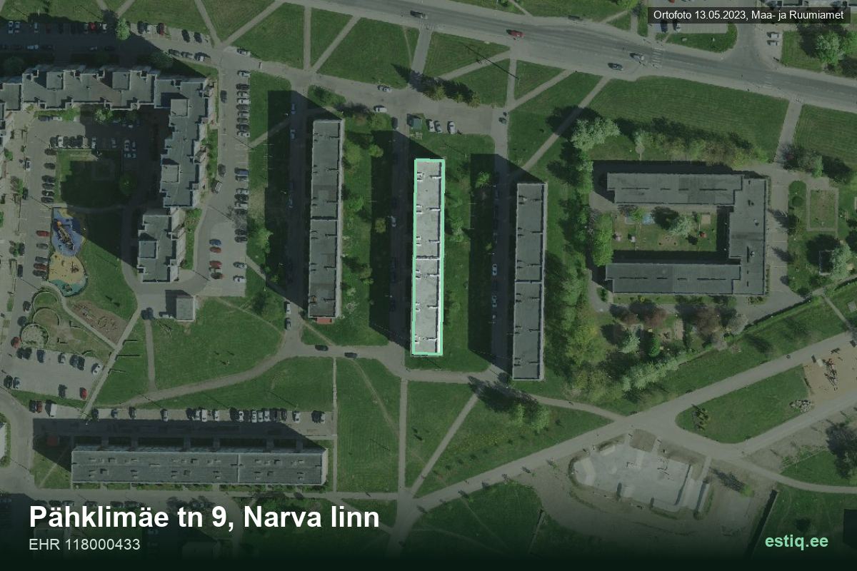 Pähklimäe tänav 9, Narva – hoone aerofoto, kontuur ehitisregistri (EHR) andmetest