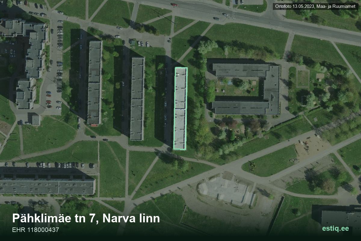 Pähklimäe tänav 7, Narva – ilmakuva rakennuksesta, ääriviiva rakennusrekisteristä (EHR)