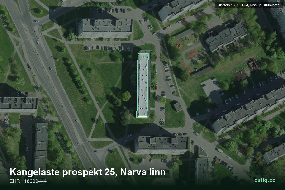 Kangelaste pr 25, Narva – аэрофото дома, контур по данным регистра строений (EHR)