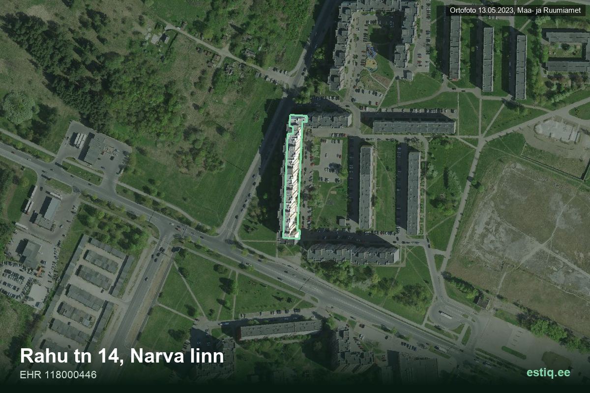 Rahu tänav 14, Narva – hoone aerofoto, kontuur ehitisregistri (EHR) andmetest