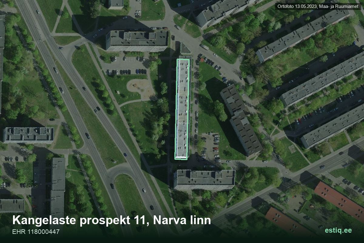 Kangelaste prospekt 11, Narva – ilmakuva rakennuksesta, ääriviiva rakennusrekisteristä (EHR)