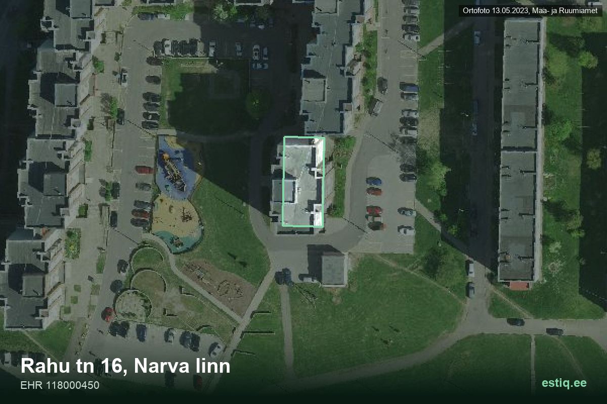 Rahu tänav 16, Narva – hoone aerofoto, kontuur ehitisregistri (EHR) andmetest