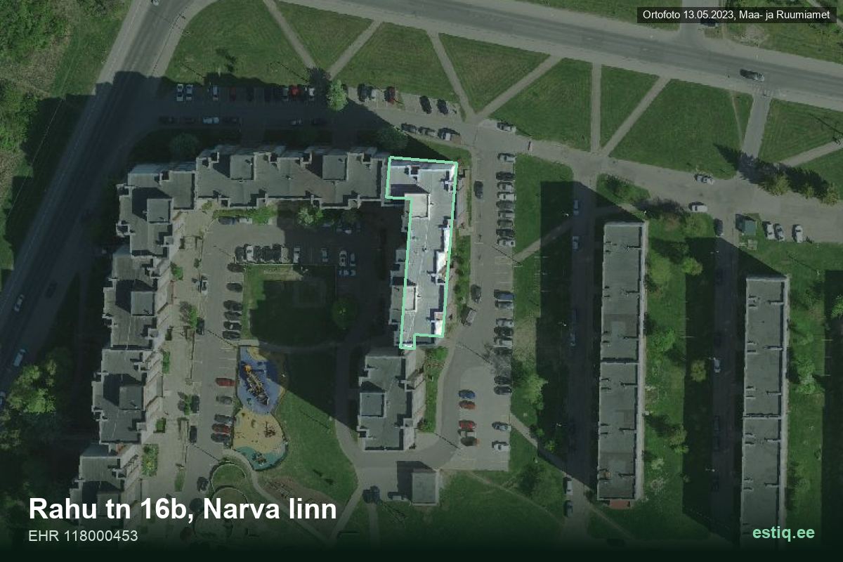 Rahu tänav 16b, Narva – аэрофото дома, контур по данным регистра строений (EHR)