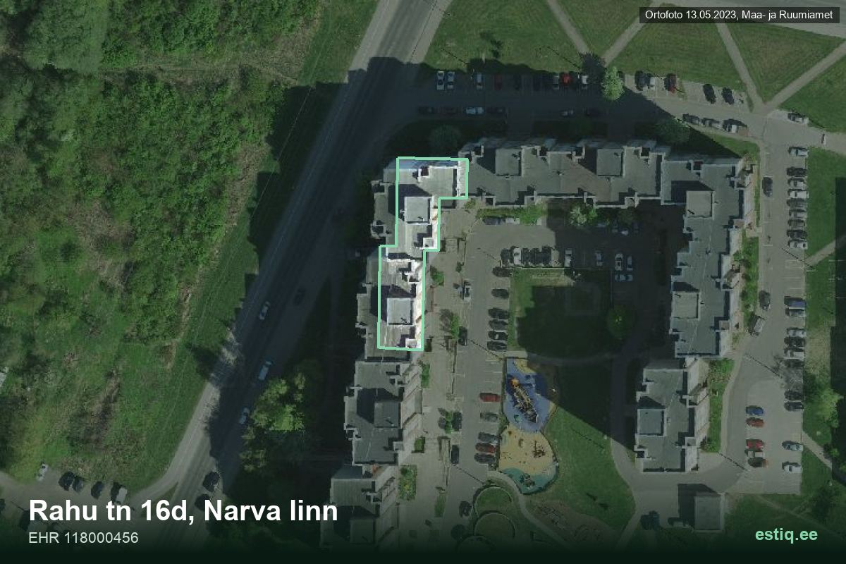 Rahu tänav 16d, Narva – hoone aerofoto, kontuur ehitisregistri (EHR) andmetest