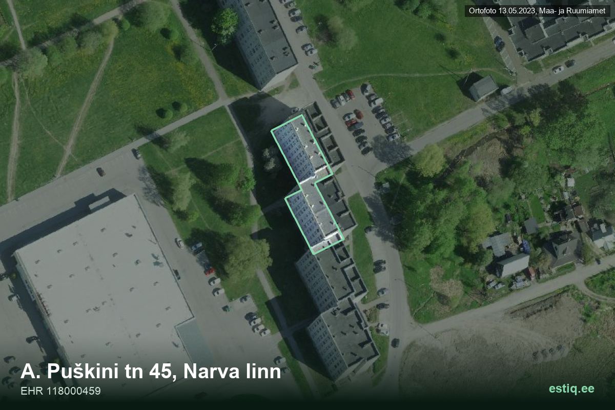 A. Puškini tänav 45, Narva – аэрофото дома, контур по данным регистра строений (EHR)