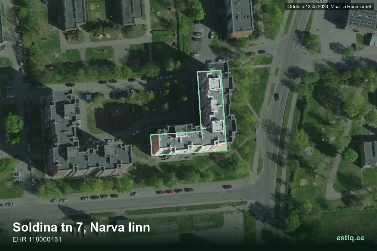 Soldina tänav 7, Narva – аэрофото дома, контур по данным регистра строений (EHR)