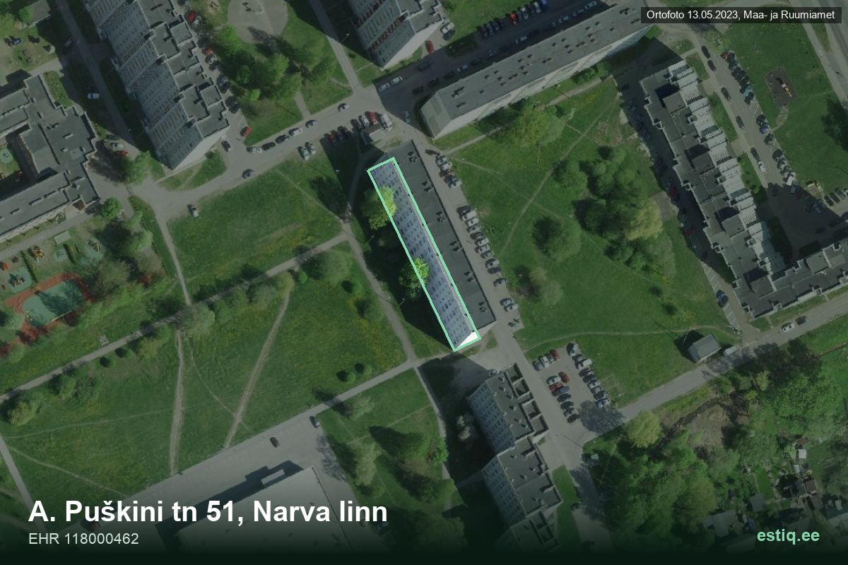 A. Puškini tänav 51, Narva – aerial photo of the building, outline from the Building Register (EHR)