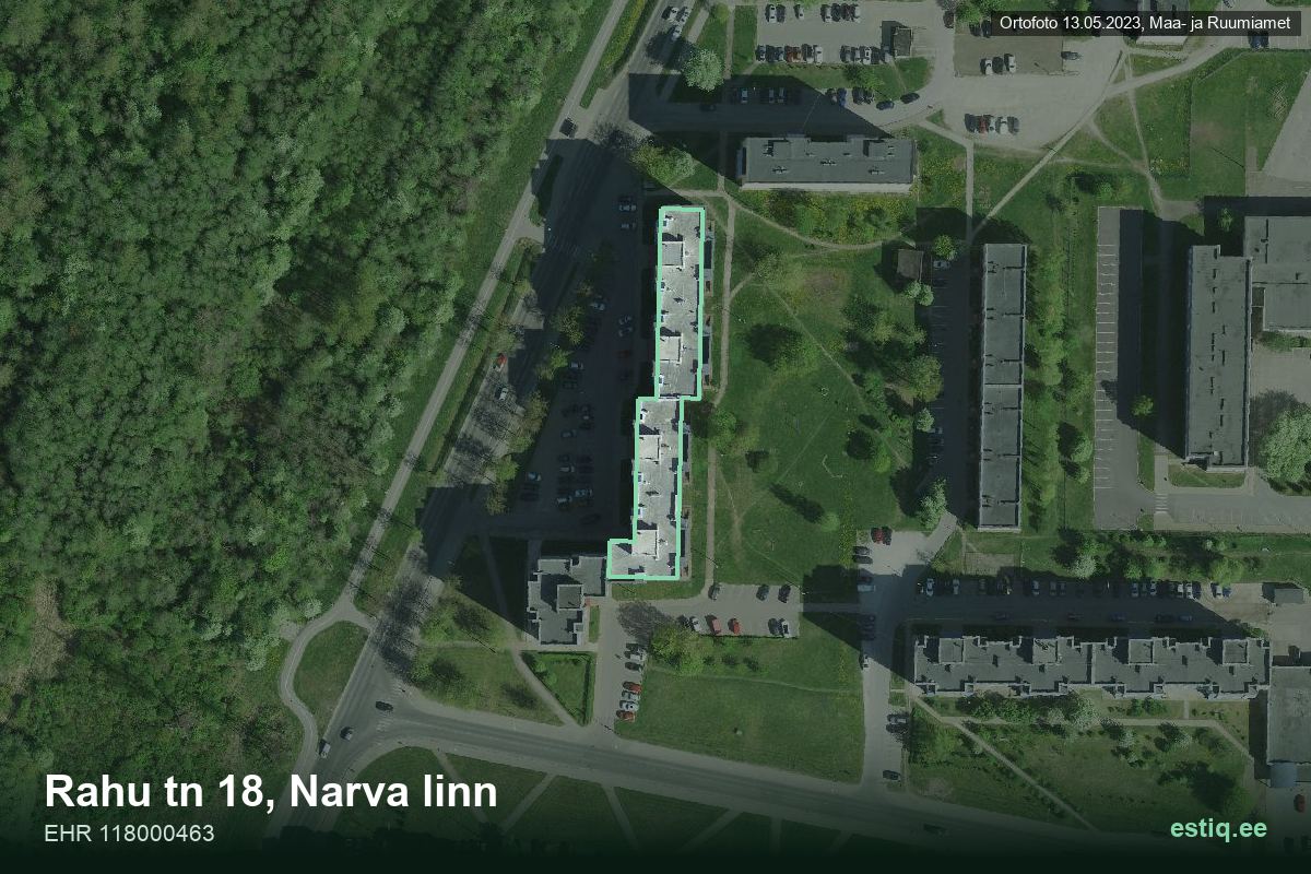 Rahu tänav 18, Narva – hoone aerofoto, kontuur ehitisregistri (EHR) andmetest