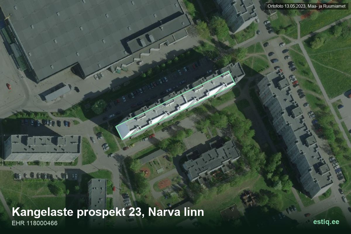 Kangelaste pr 23, Narva – аэрофото дома, контур по данным регистра строений (EHR)