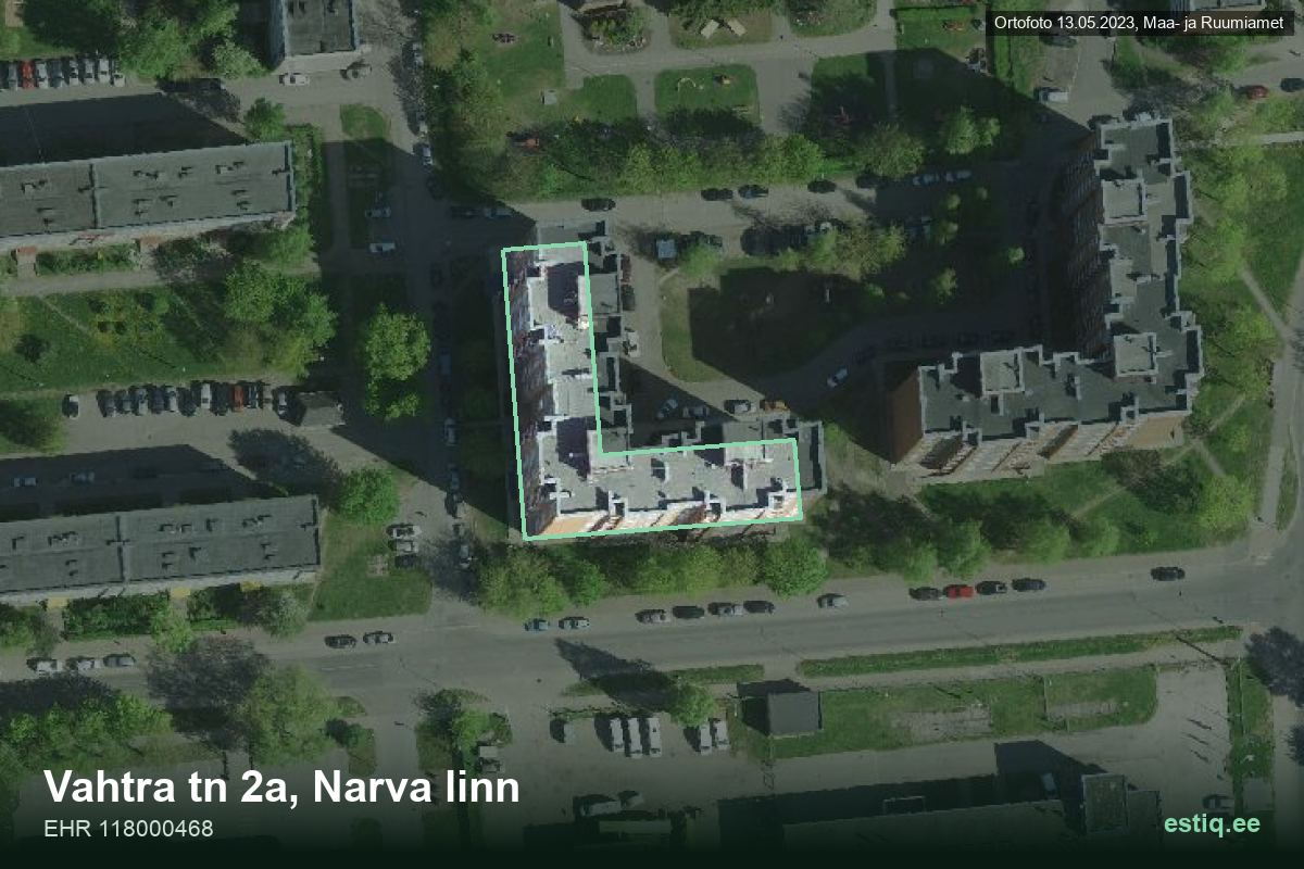 Vahtra tänav 2a, Narva – аэрофото дома, контур по данным регистра строений (EHR)