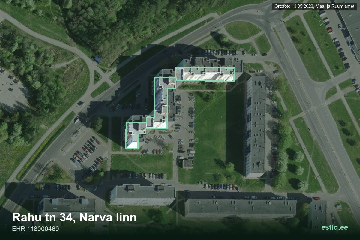 Rahu tänav 34, Narva – аэрофото дома, контур по данным регистра строений (EHR)