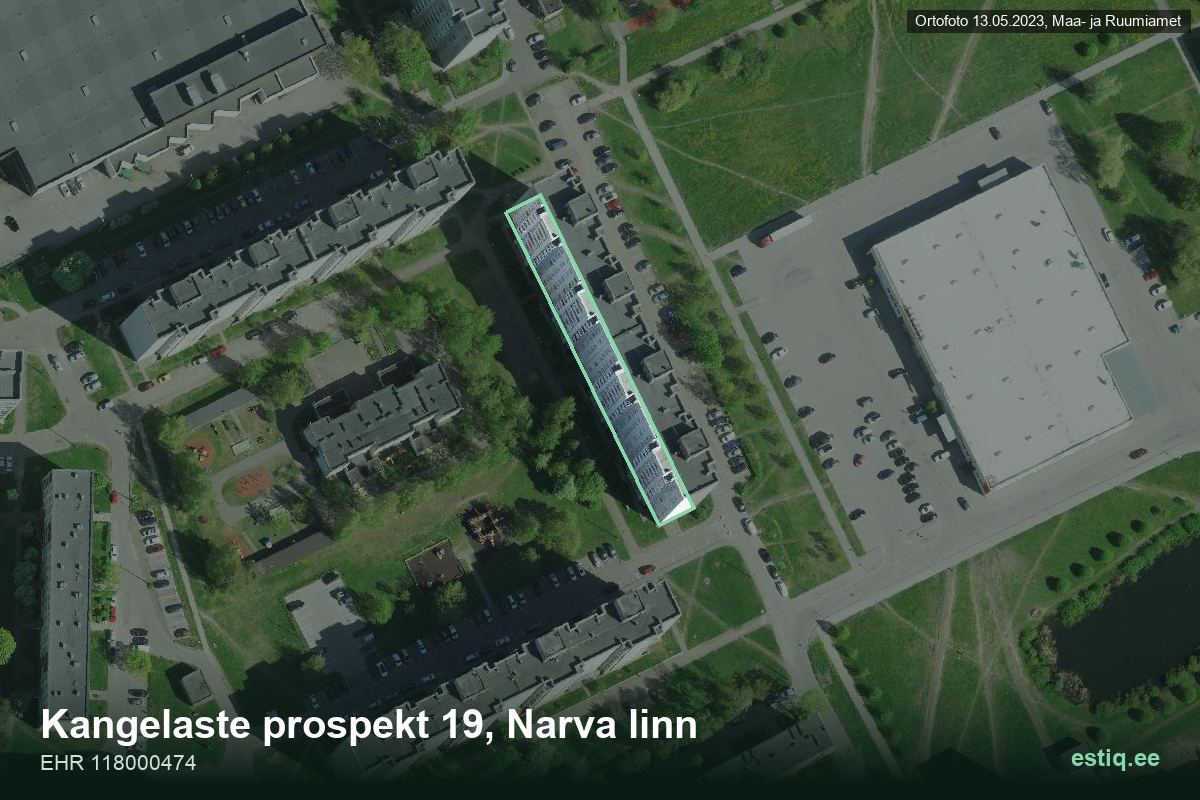 Kangelaste pr 19, Narva – аэрофото дома, контур по данным регистра строений (EHR)