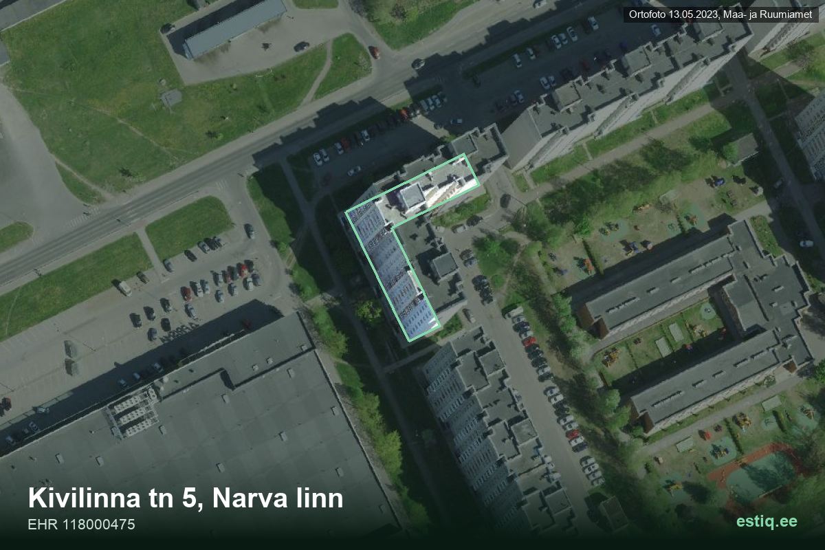 Kivilinna tänav 5, Narva – аэрофото дома, контур по данным регистра строений (EHR)